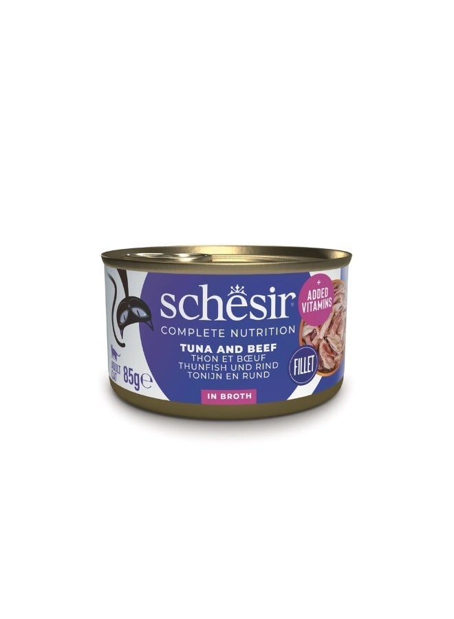 Schesir Complete Wet Cat Food Broth Can Tuna with Beef 85g (Pack of 12) | Natural Steamed Tuna & Beef High Protein Hydrating Adult Cat Meal - Image 2